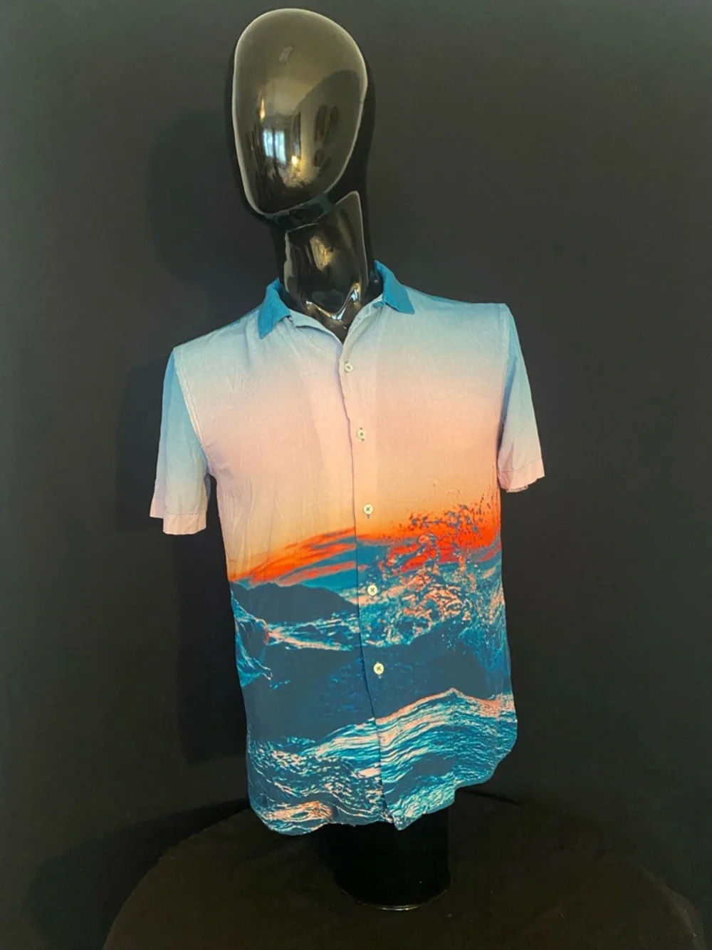 Zara Short-Sleeve Sunset Ocean Print Shirt - Blue/Orange/Pink
